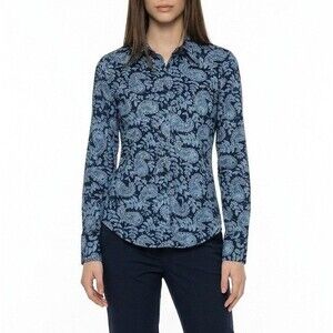 Derek Heart Womens Shirt M Blue Paisley Button Up Long Sleeve Polyester Retro